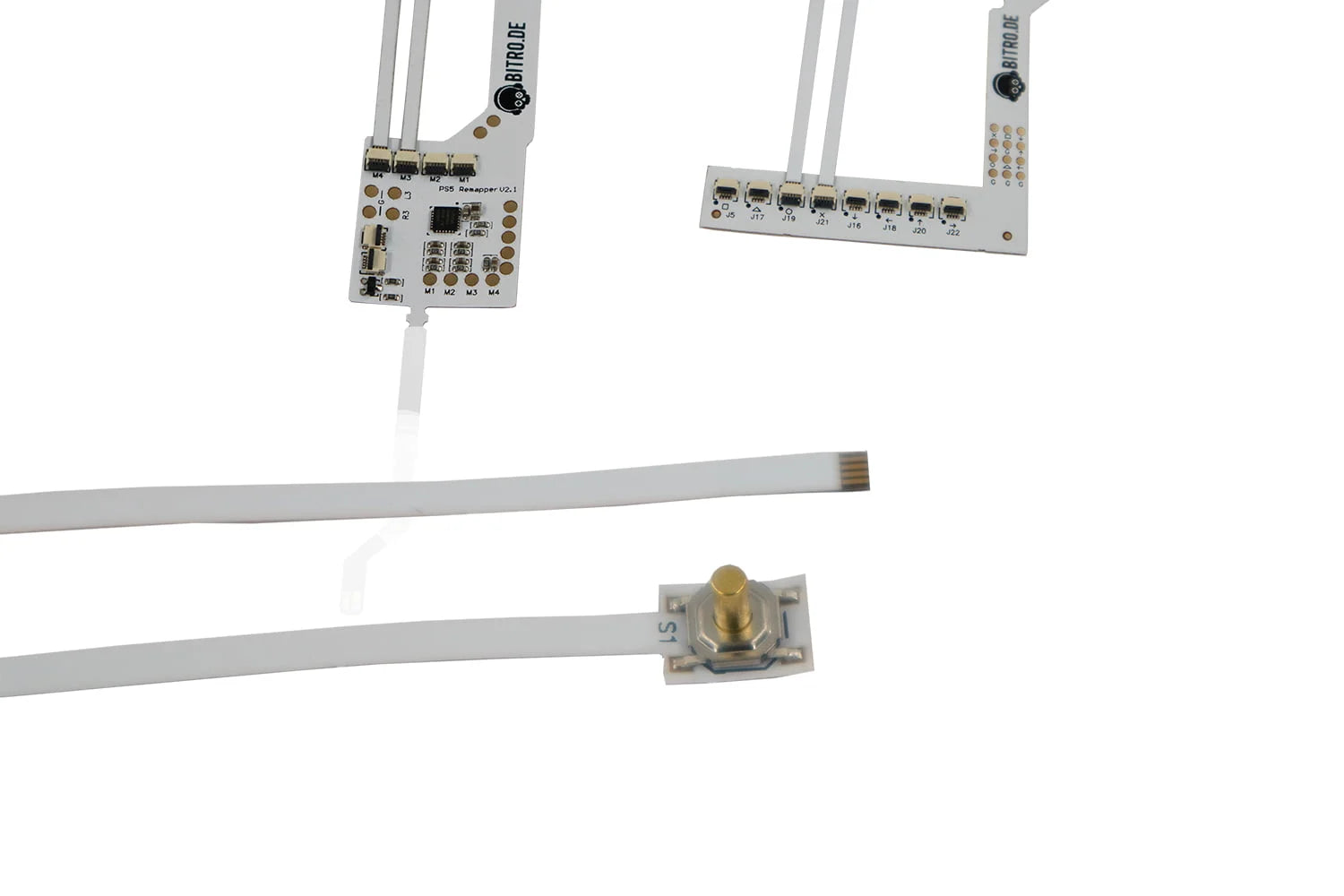 Das Ersatz Taster Flexkabel mit weißen Platinen und einem Flachbandkabel mit Steckern - einschließlich einer kleinen Goldkomponente - eignet sich perfekt zum Erstellen, Reparieren oder Anpassen Ihres Bitro PS5-Controllers.