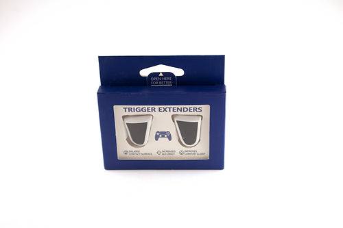 Blaue Verpackung für graue PS5 Trigger Extender mit Sichtfenster
