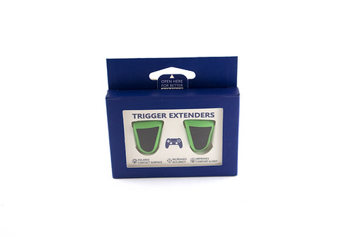 Blaue Verpackung für grüne Trigger Extender mit Gaming Made Better Logo