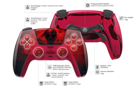 Custom PS5 Controller Blutznebel Design mit Totenkopf Touchpad und Chrom Rot Rückschale