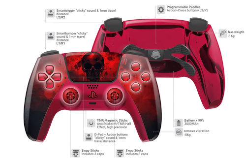 Custom PS5 Controller Blutznebel Design mit Totenkopf Touchpad und Chrom Rot Rückschale
