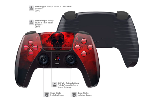 Custom PS5 Controller im Blutnebel Design mit Totenkopf Touchpad und roten Tasten