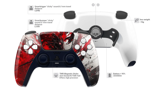 Custom PS5 Controller mit rotem Blutspritzer Anime Design und Skull Paddles