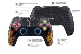 Custom PS5 Controller mit schwarzem Flammen Design und blauen Analogsticks