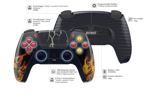 Custom PS5 Controller mit schwarzem Flammen Design und blauen Analogsticks