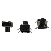 Drei schwarze Taster 6x6x7mm Schalter mit 6-Pin Metallkontakten auf weißem Hintergrund