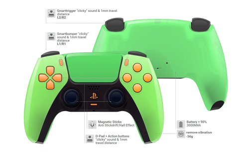 Modifizierter PS5 Controller in Softtouch Grün mit orangenen Tasten und separater Rückenschale