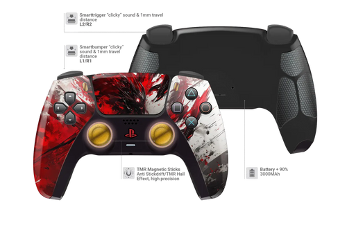 Modifizierter PS5 Controller mit Anime Blutspritzer Design und goldenen Analogsticks