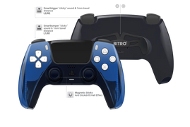 Modifizierter PS5 Controller mit glänzendem Chrom Blau Gehäuse und schwarzen Analogsticks