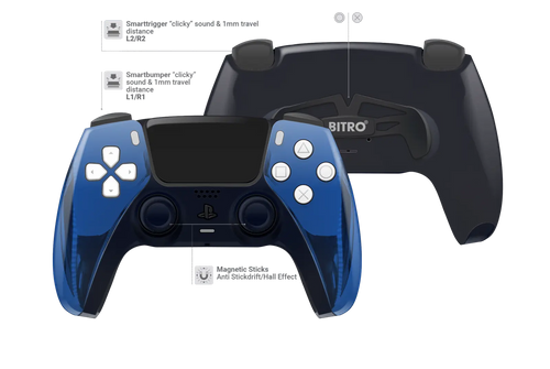 Modifizierter PS5 Controller mit glänzendem Chrom Blau Gehäuse und schwarzen Analogsticks