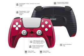 Modifizierter PS5 Controller mit rotem Chrom-Frontgehäuse, weißen Analogsticks und schwarzer Grip-Rückschale