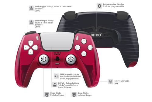 Modifizierter PS5 Controller mit rotem Chrom-Frontgehäuse, weißen Analogsticks und schwarzer Grip-Rückschale