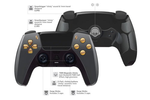 Modifizierter schwarzer PS5 Controller mit Softtouch Gehäuse und goldenen Tasten