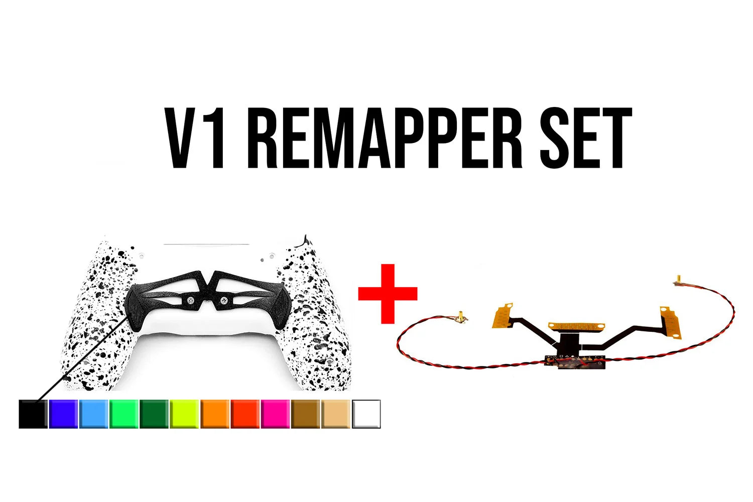 PS4 V1 Remapper Set mit weißem Controller und schwarzem ARES Paddle sowie gelöteter Platine
