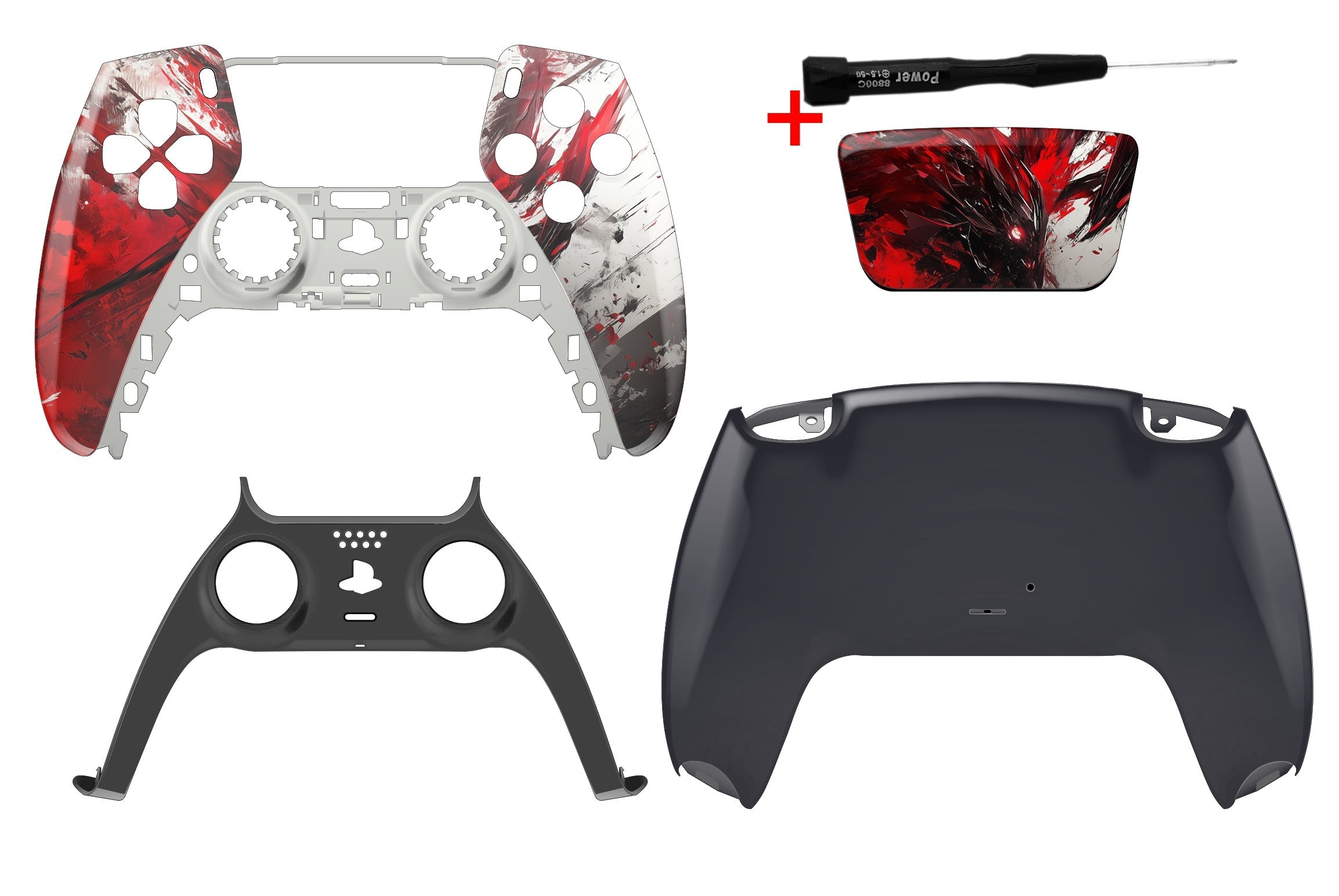 PS5 Controller Gehäuse Set mit Anime Blutspritzer Design in Rot und Schwarz inklusive Schraubenzieher