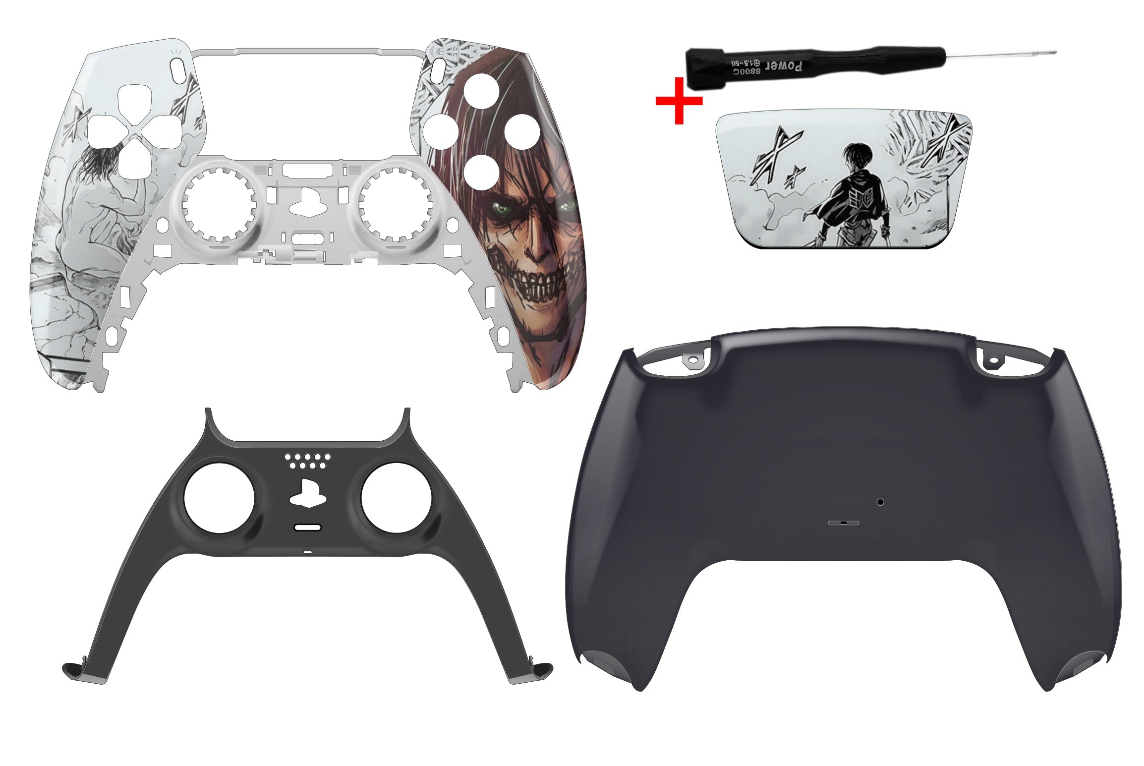 PS5 Gehäuse Set im Attack on Titan Design mit schwarzem Backcase, Touchpad, Mittelstreifen und Schraubenzieher