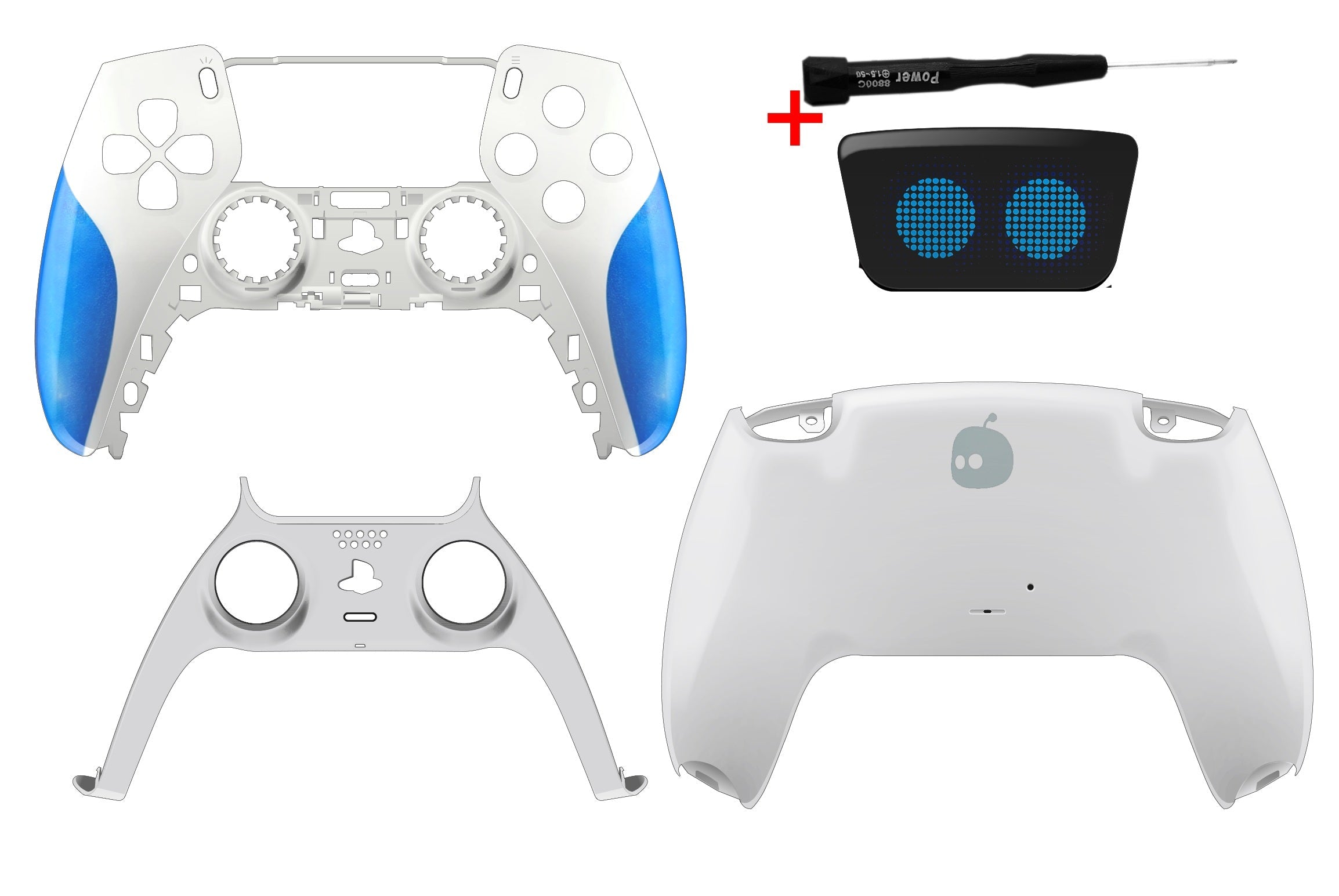 PS5 Gehäuse Set im Astro Bot Design mit Frontschale, Rückseite, Mittelstreifen, Touchpad und Schraubenzieher