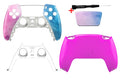 PS5 Gehäuse Set mit blau-rosa Wellen Frontshell, pinker Softtouch Rückschale, weißem Mittelstreifen und Farbverlauf Touchpad