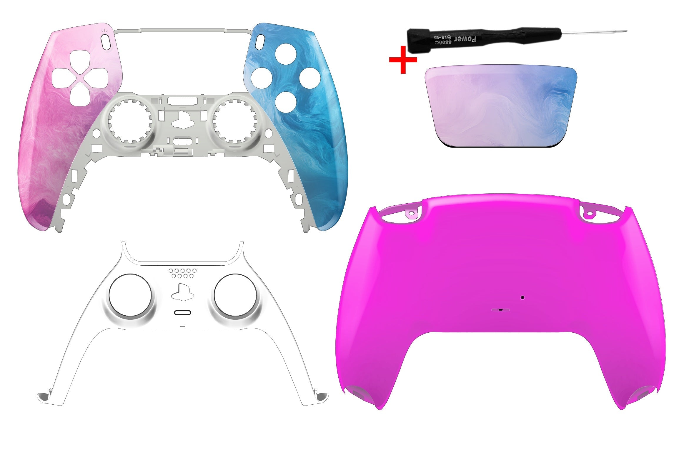PS5 Gehäuse Set mit blau-rosa Wellen Frontshell, pinker Softtouch Rückschale, weißem Mittelstreifen und Farbverlauf Touchpad