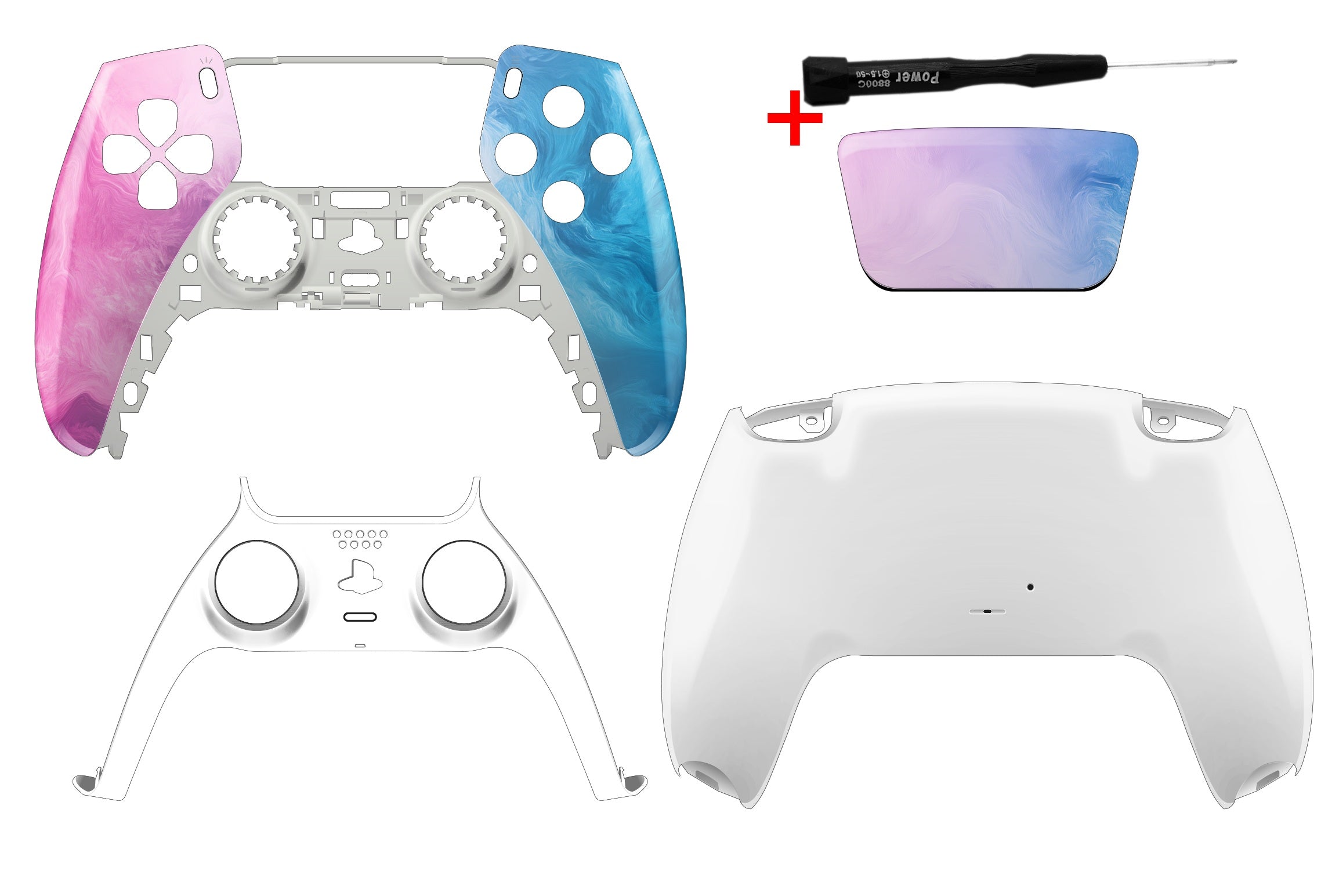 PS5 Gehäuse Set mit blau rosa Wellen Frontcase und weißem Softtouch Backcase