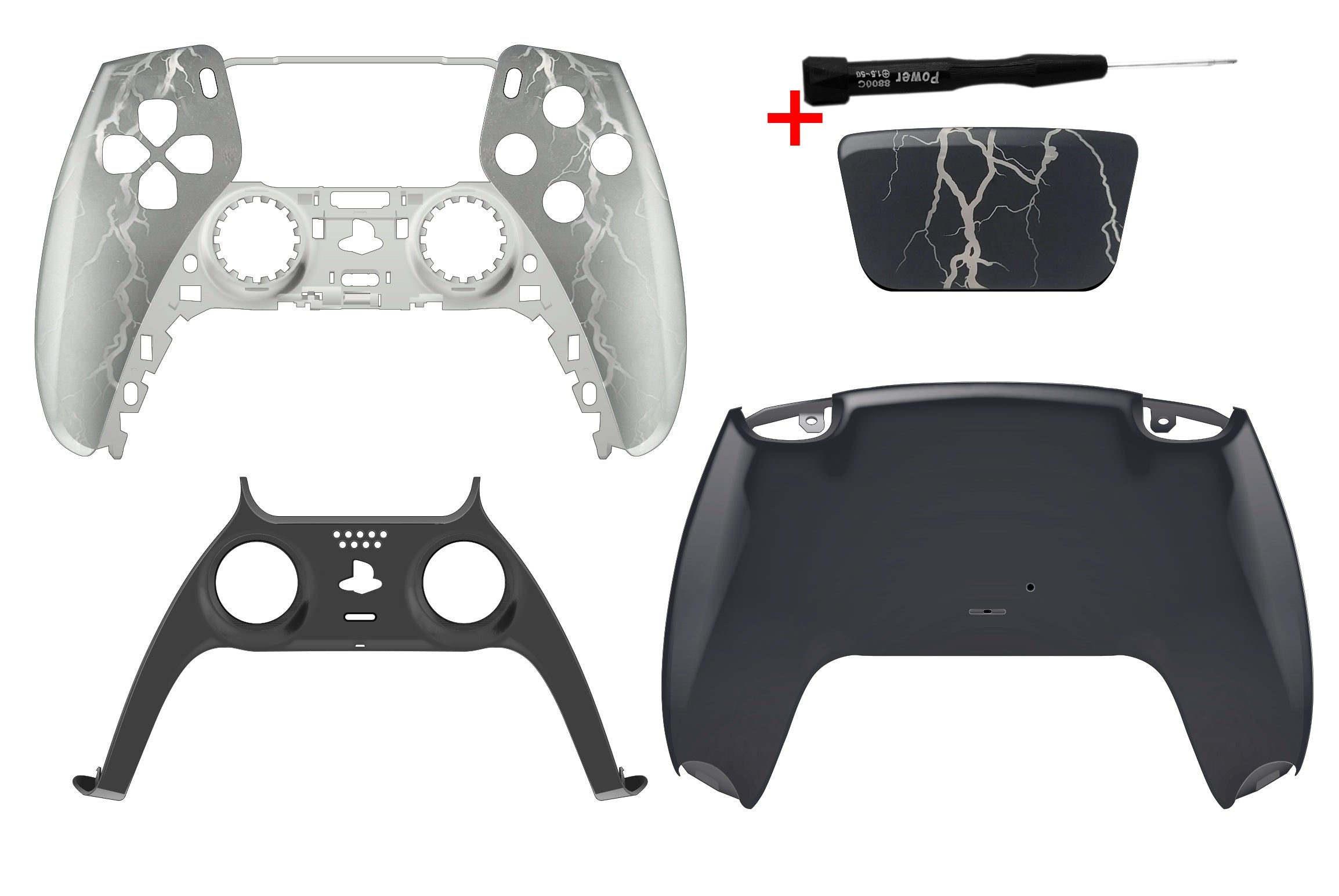 PS5 Gehäuse Set mit transparentem Blitz Design Frontcase und schwarzem Backcase