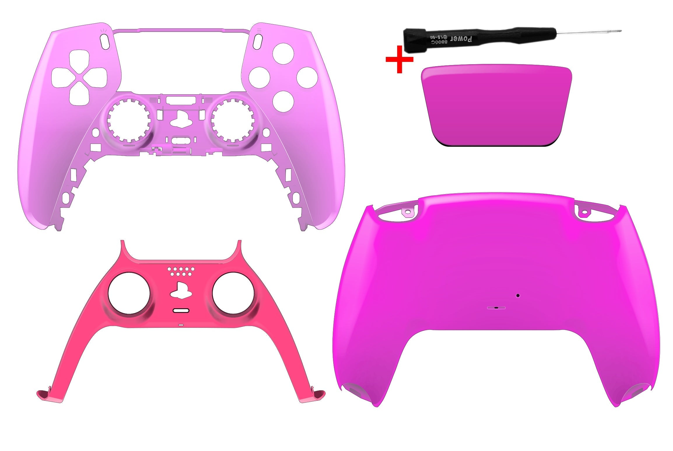 Zerlegtes rosa PS5 Controller Gehäuse Set mit Softtouch Frontschale, glänzender Rückenschale, pinkem Mittelstreifen, Touchpad und Schraubenzieher