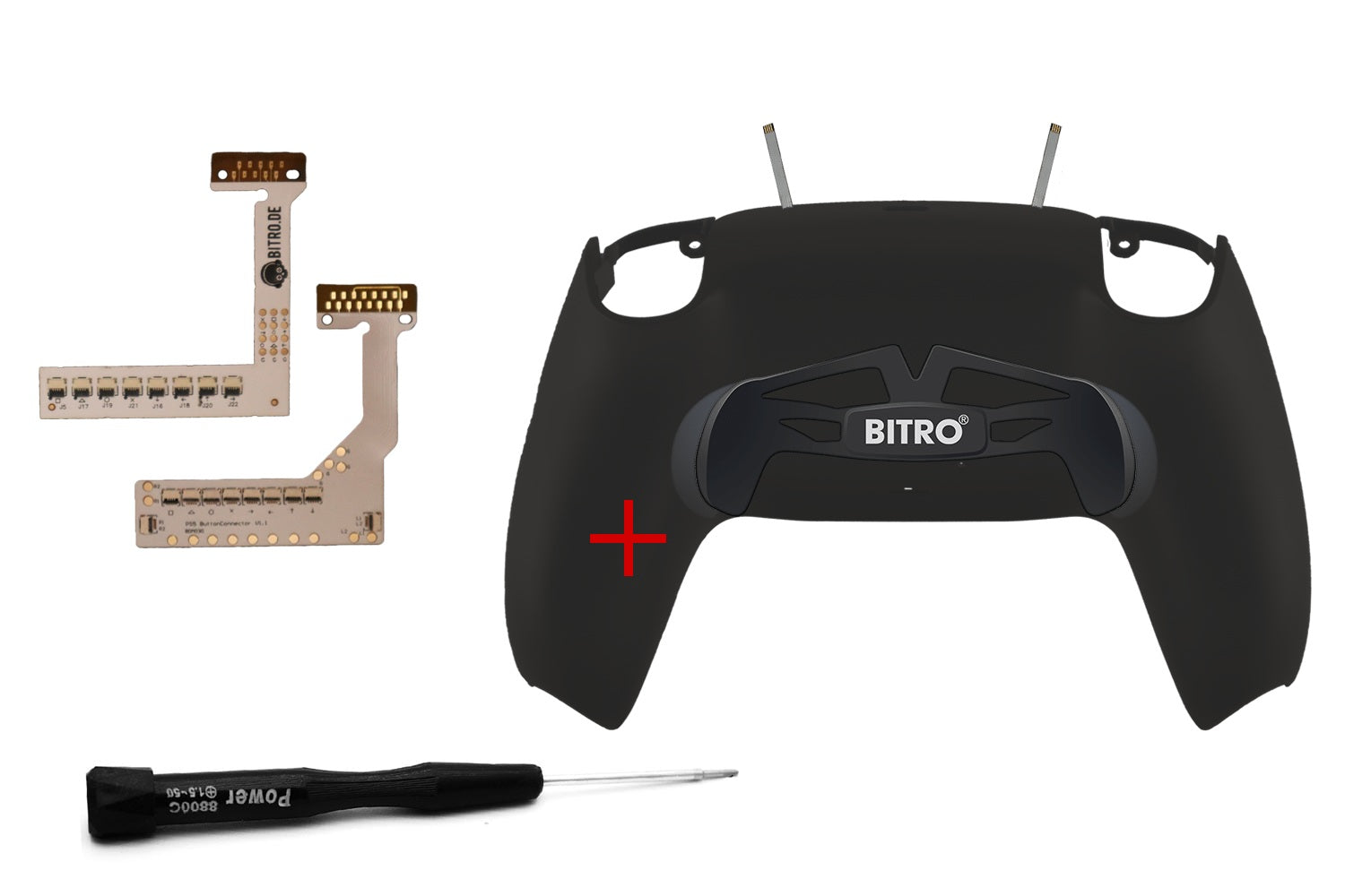 Schwarze PS5 Controller Rückschale mit integriertem 2er Ares V2 Paddle und beiliegendem Schraubendreher
