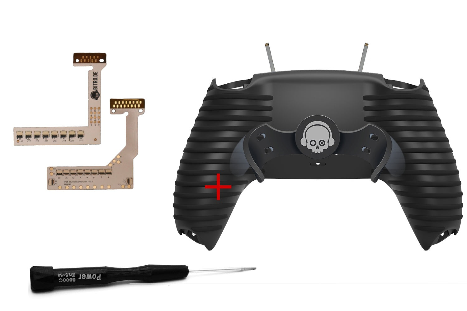 Schwarze PS5 Controller Rückschale mit Grip-Design und zwei montierten Scull V3 Paddles neben Remapper-Platinen und Schraubendreher
