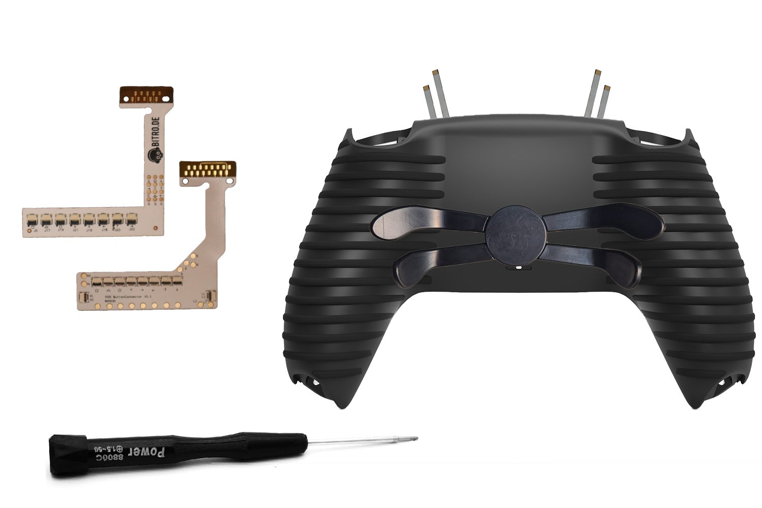 Schwarze PS5 Controller Rückschale mit Grip-Rillen und integriertem 4er Anubis V3 Paddle samt Remappern und Schraubendreher