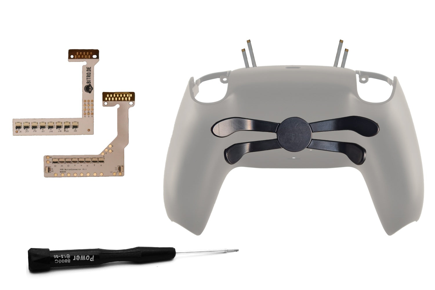 Hellgraue PS5 Controller Rückschale mit schwarzem 4er Paddle Anubis V3 und Remapper Platinen