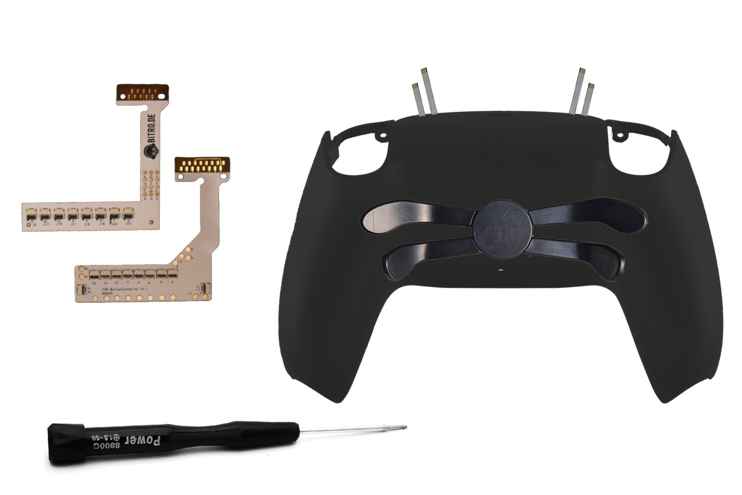 Schwarze PS5 Controller Rückschale mit montiertem Anubis V3 4er Paddle und Remapper Platinen