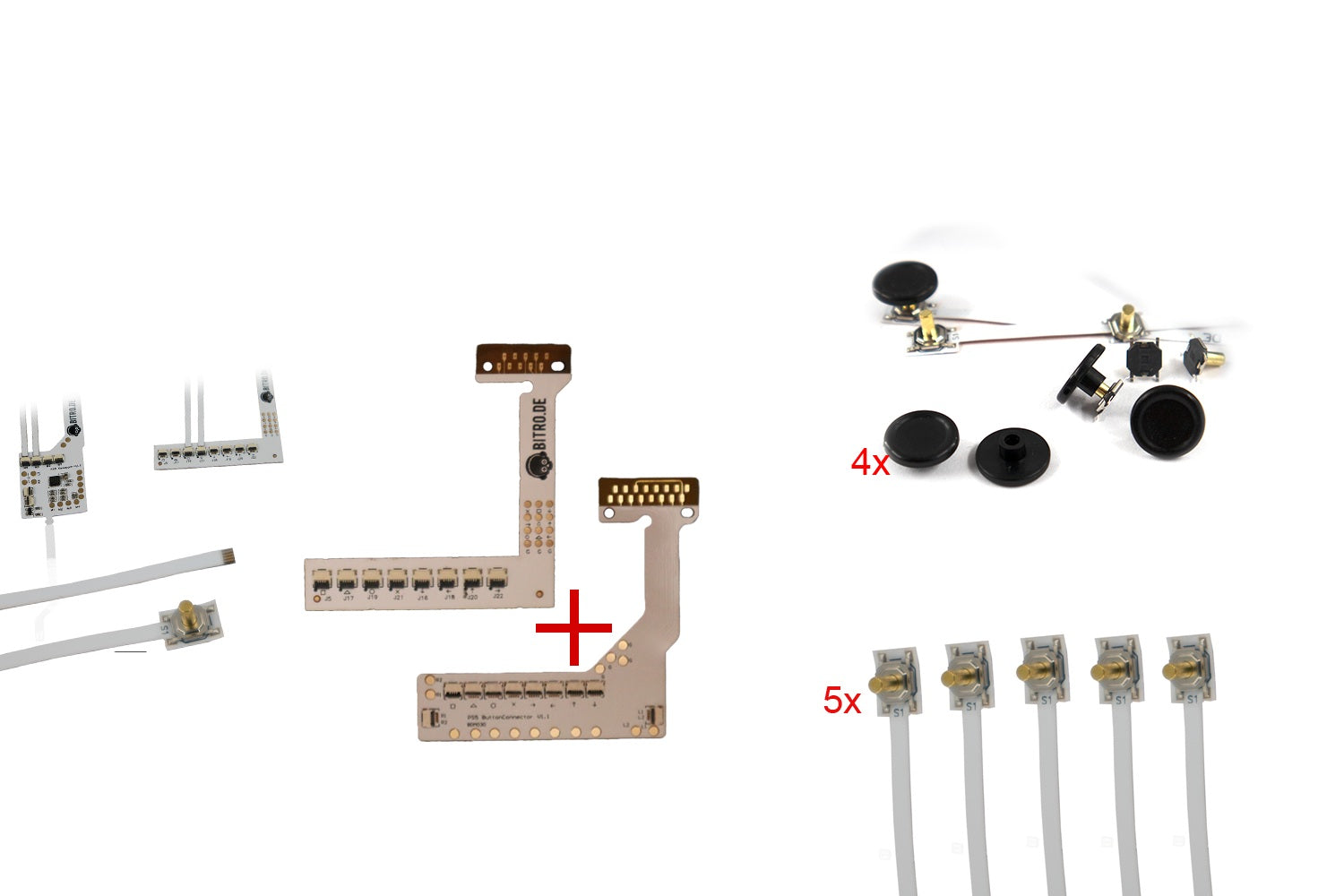 Vier schwarze Paddle Tasten mit Flexkabel und Remapper Platine für PS5 Controller