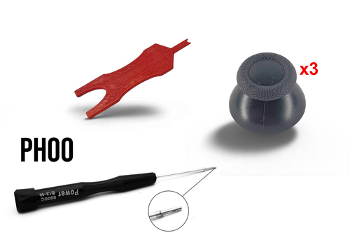 Reparatur Set mit roter Stickzange drei schwarzen Analogsticks und PH00 Schraubenzieher