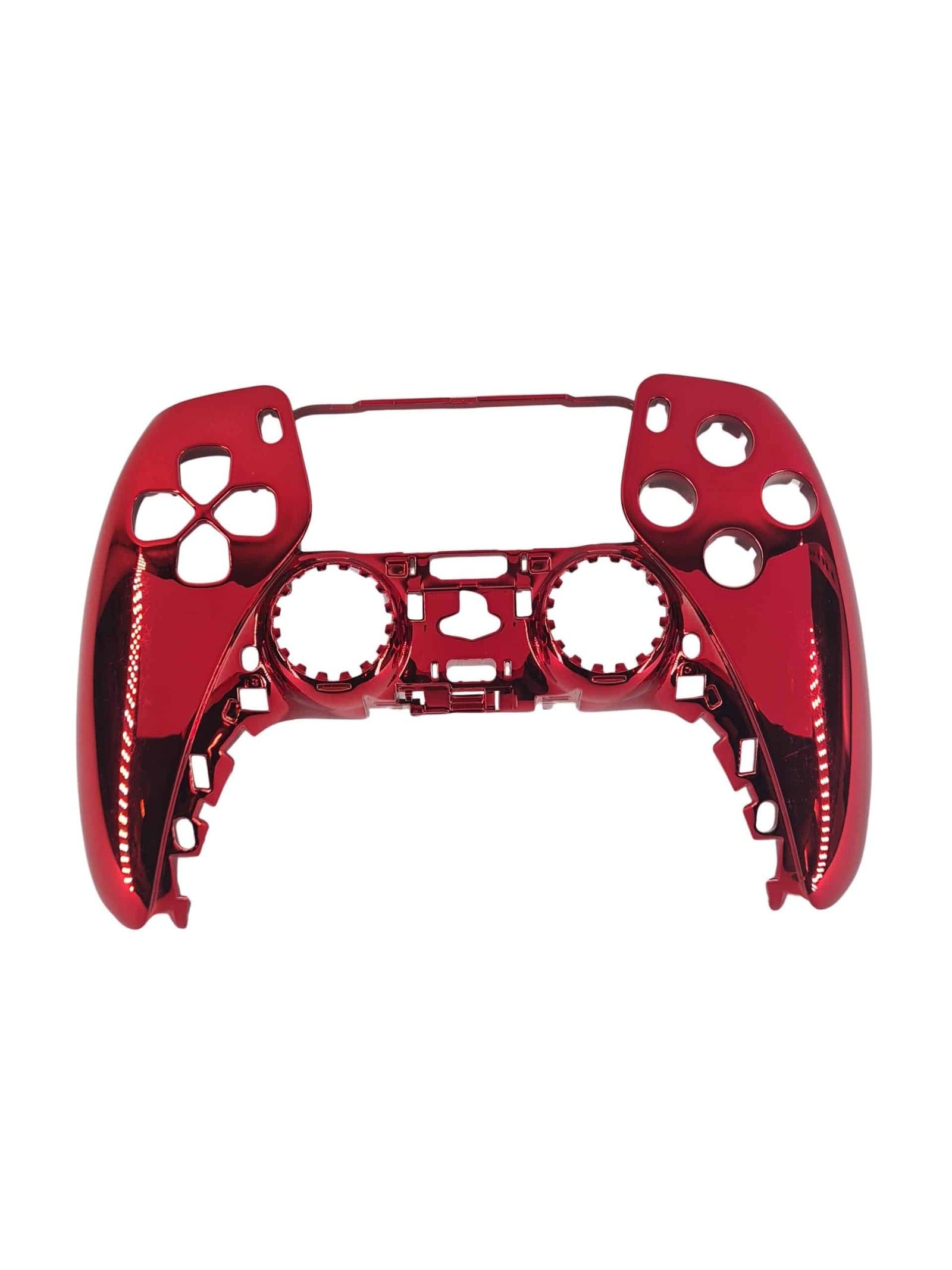 Rotes PS5 Frontgehäuse mit Chrom-Effekt und Aussparungen für Tasten