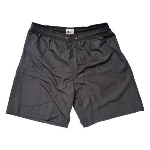 Schwarze Herren Badehose flach ausgebreitet mit elastischem Bund und Kordelzug