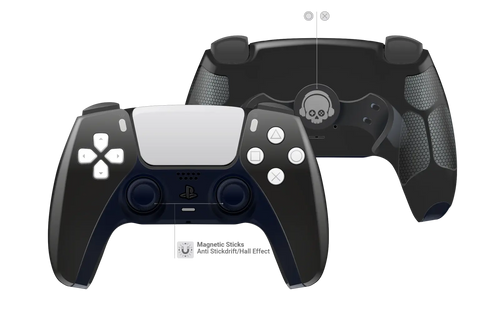Schwarzer Custom PS5 Controller mit weißen Tasten und separater Skull-Rückschale