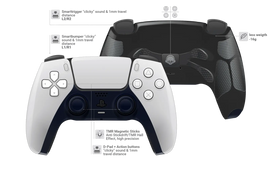 Umgebaute PS5 Controller in Weiß mit schwarzer Waben-Rückschale und TMR Sticks