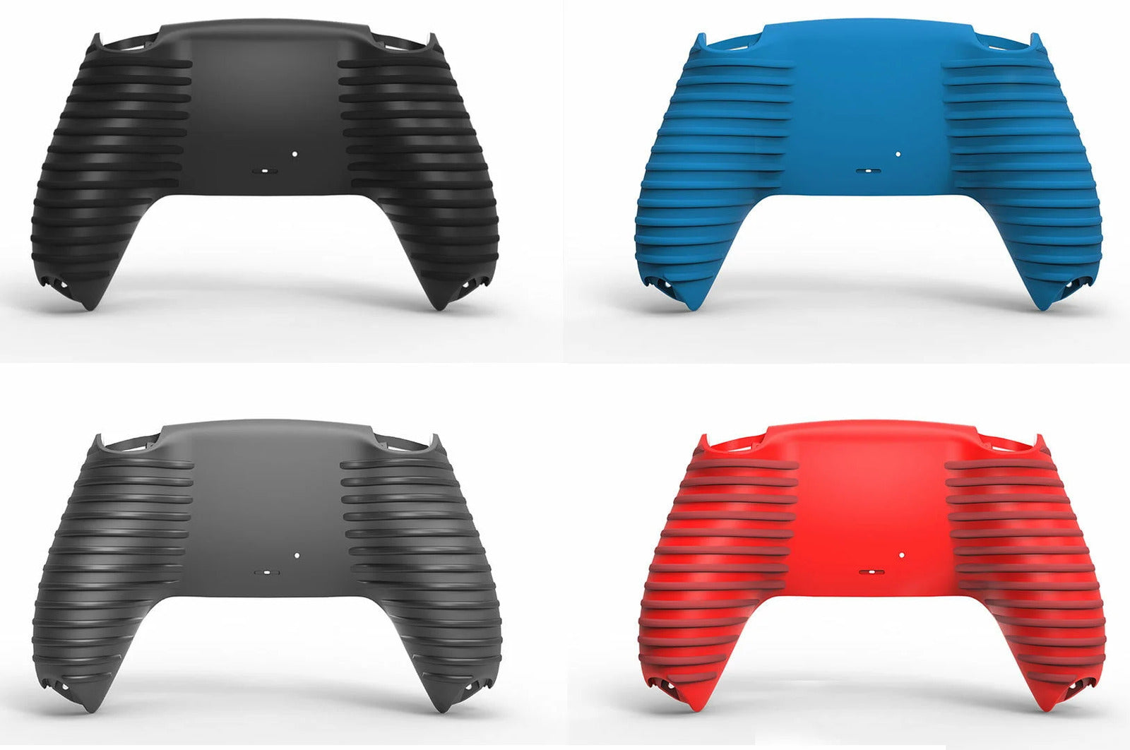 Vier PS5 Grip Gehäuse in Schwarz, Blau, Grau und Rot mit strukturierter Rückseite