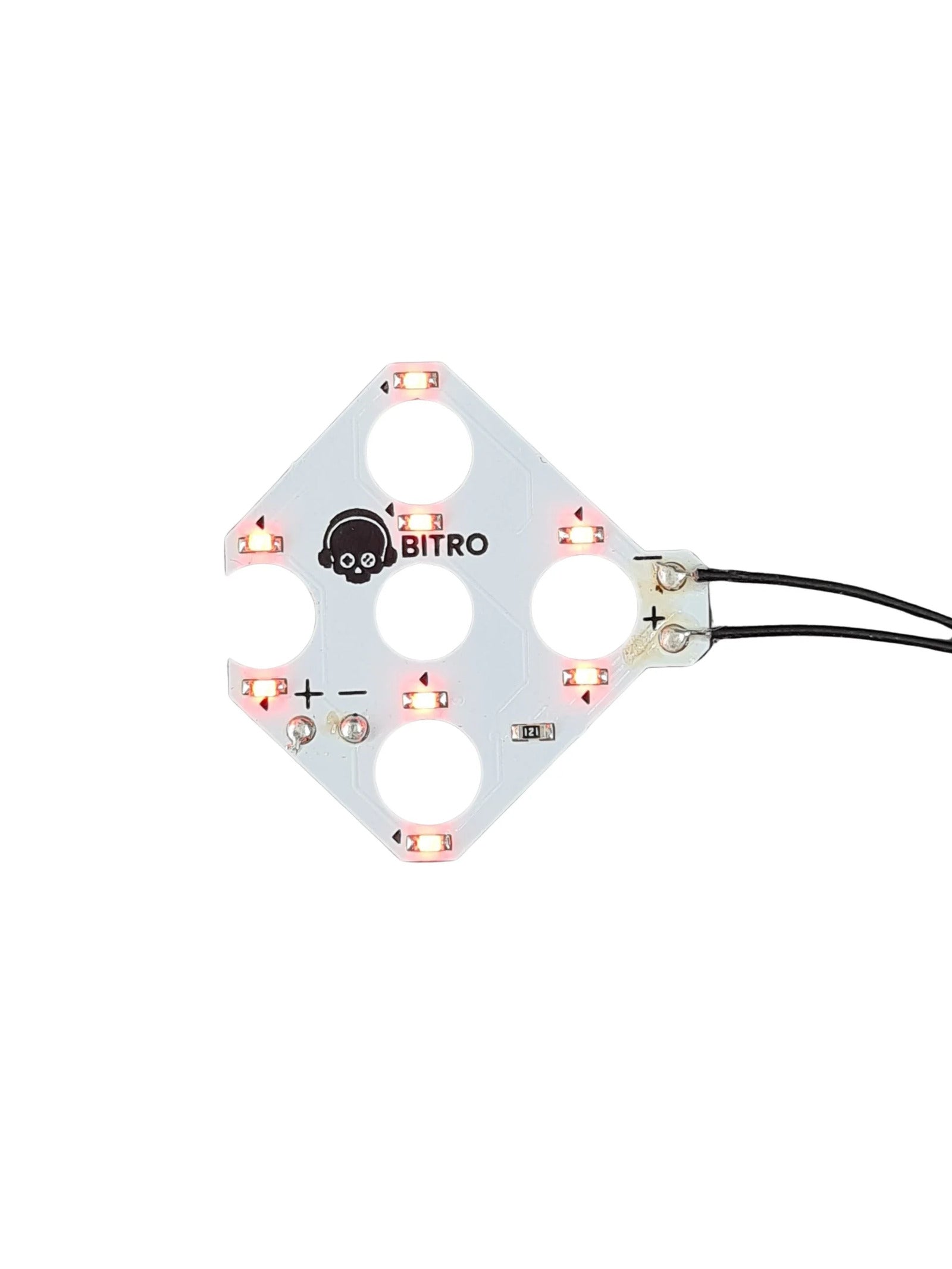 Weiße Leiterplatte mit acht roten LEDs und angelöteten Kabeln für PS5 Steuerkreuz