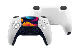Weißer PS5 Controller mit buntem Farbsturm Touchpad und dunklen Sticks