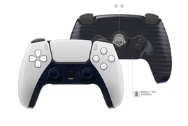 Weißer PS5 Controller mit schwarzer Grip-Rückschale Skull-Logo und zwei Paddles