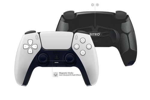 Weißer PS5 Controller mit schwarzer Grip Rückschale und Paddles