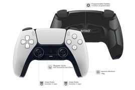 Weißer PS5 Controller mit schwarzer Waben-Rückseite und zwei Paddles