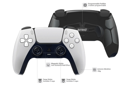Weißer PS5 Controller mit schwarzer Waben-Rückseite und zwei Paddles