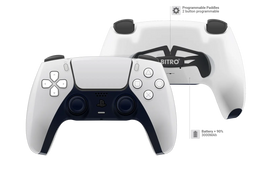 Weißer PS5 Controller Vorder- und Rückseite mit schwarzen Ares Paddles und BITRO Logo