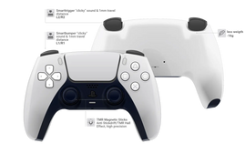 Weißer PS5 DualSense Controller mit schwarzen Analogsticks und Smarttriggern in der Frontal- und Rückansicht
