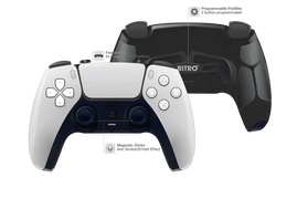 Weißer PS5 DualSense Controller mit schwarzer Waben-Grip Rückschale und Paddles